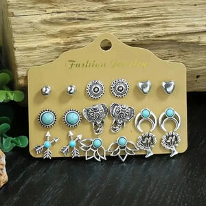 Antique Silver Finish Retro Stud Earrings 9 pair pack with Geometric Designs
